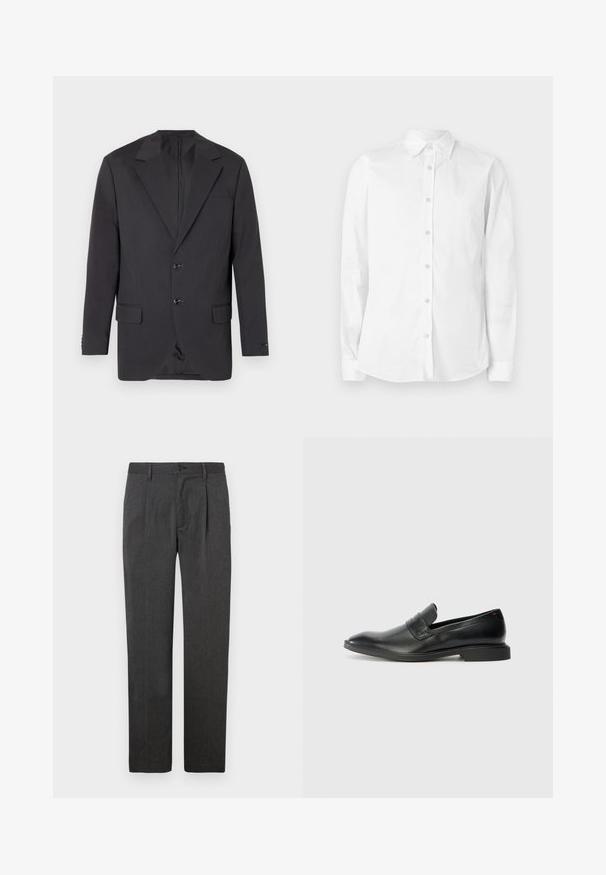 Blazer gris foncé avec un col à cran, deux boutons à l'avant, deux poches latérales et une poche poitrine. Tissu lisse avec une coupe ajustée.; Chemise blanche à manches longues avec boutons, fabriquée en coton. Comprend un col pointu et un petit logo brodé sur la poitrine. Texture lisse.; Pantalons gris sur mesure avec une coupe droite, dotés d'un pli avant, d'une fermeture éclair et d'un bouton. Texture lisse, design classique.; Mocassins en cuir noir avec une texture lisse, un nez pointu et un petit talon rectangulaire. Présente un détail de bande horizontale sur le dessus.