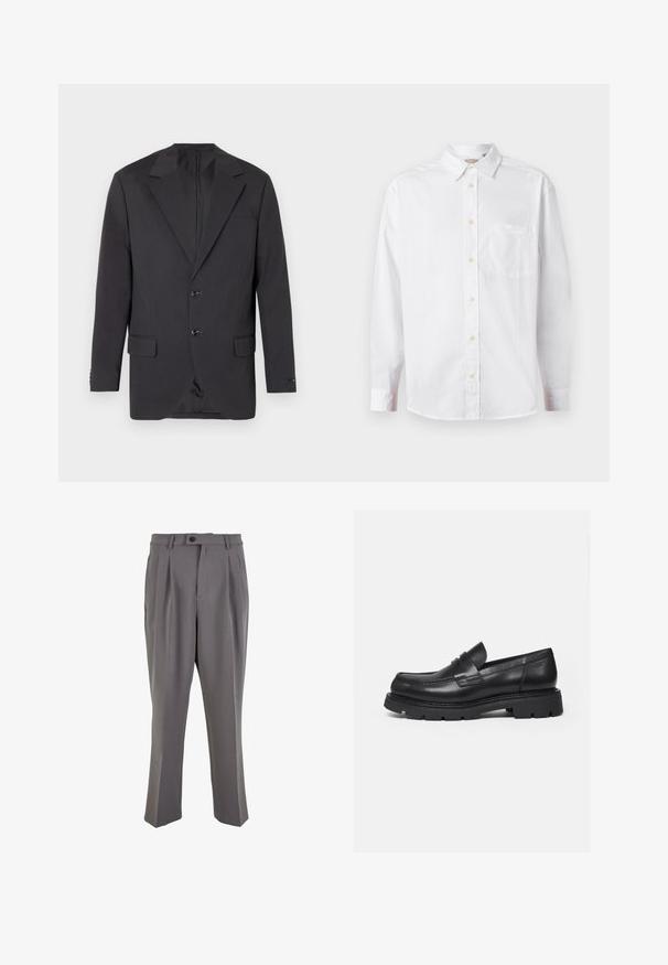 Blazer gris foncé avec un col à cran, deux boutons à l'avant, deux poches latérales et une poche poitrine. Tissu lisse avec une coupe ajustée.; Chemise blanche à manches longues avec un col et une poche poitrine, présentée sur un fond clair.; Pantalons plissés gris en tissu lisse, avec une coupe droite, une fermeture à un bouton et des passants de ceinture. Design minimaliste.; Mocassin en cuir noir avec semelle épaisse crantée et détail de bride penny, présenté en profil droit sur fond blanc.