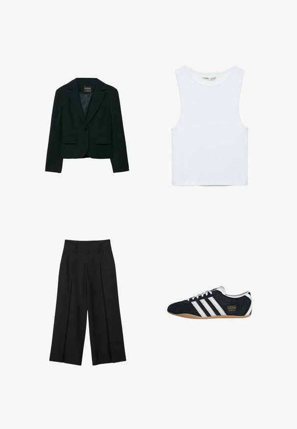 Veste noire sur mesure avec revers crantés, deux poches avant, fermeture à un bouton, et doublure intérieure lisse. Design structuré, aspect formel.; Crop top blanc sans manches avec col rond, en tissu lisse, étiqueté Pull&Bear, adapté pour un usage décontracté.; Pantalon noir large et raccourci avec passants de ceinture et plis à l'avant, confectionné dans un tissu lisse pour un look élégant et ajusté.; Sneakers en suede noir avec trois bandes blanches, logo doré et semelle en caoutchouc marron. Présente un design à lacets à profil bas.