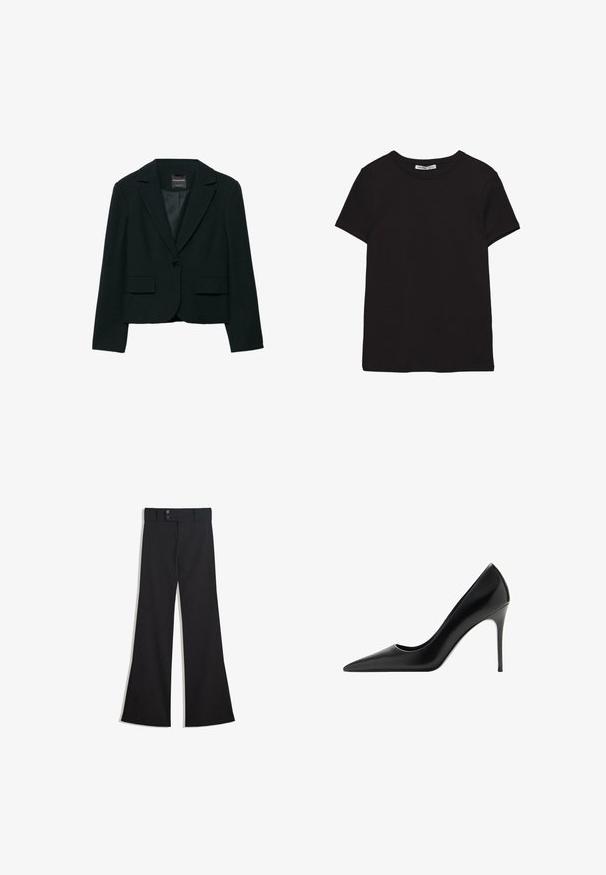 Veste noire sur mesure avec revers crantés, deux poches avant, fermeture à un bouton, et doublure intérieure lisse. Design structuré, aspect formel.; T-shirt noir en coton à manches courtes avec encolure ronde, coupe standard et étiquette intérieure visible au niveau du col.; Pantalon noir taille haute à jambes larges avec une taille à double bouton et une fermeture éclair frontale, présenté à plat sur un fond blanc.; Chaussure à talon haut en cuir noir avec un bout pointu, texture lisse et un talon aiguille fin. Présente un design épuré et minimaliste.