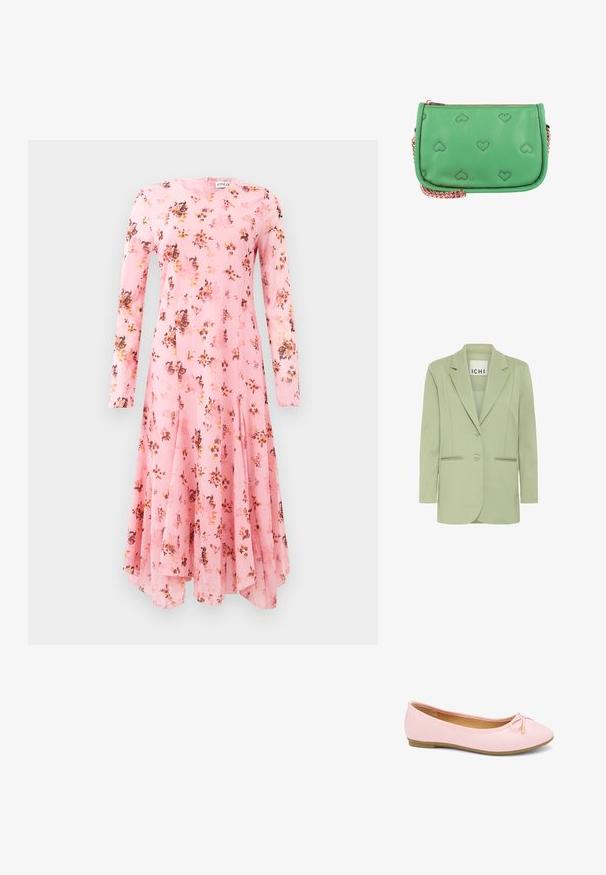 Lysegrøn blazer lavet af blødt stof, med reverskrave, to knapper og to forlommer med piping-detaljer.; Langærmet pink kjole med blomsterprint, der har rund halsudskæring og flagrende kant. Letvægtigt stof med en glat tekstur.; Lyserød balletsko med lille sløjfe på toppen og en tan-gummisål, set fra siden på en hvid baggrund.; Grøn læderhåndtaske med præget hjerte mønster og en kæderem i rosaguld, med en lynlås øverst.