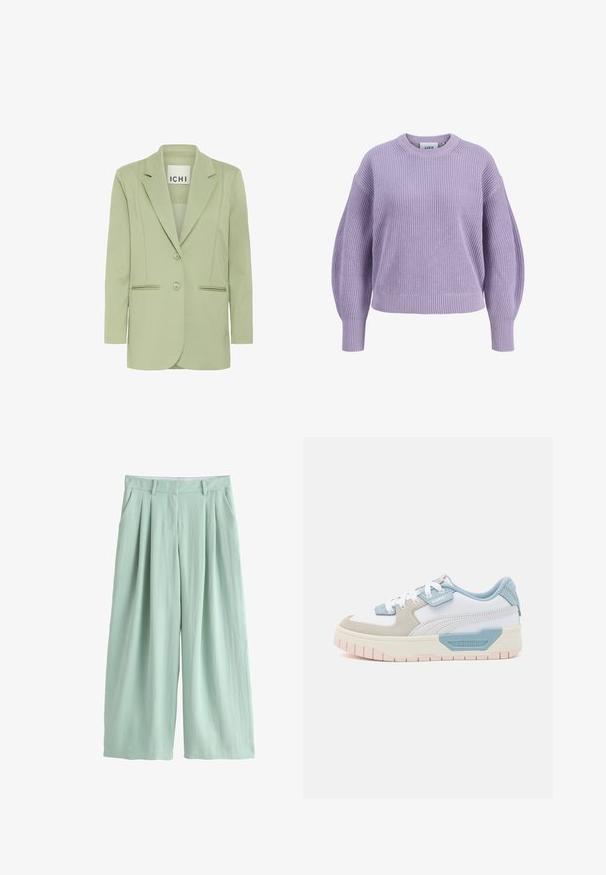 Lichtgroene blazer van zacht materiaal, met een notch-kraag, twee knopen en twee voorzakken met biesdetails.; Lila paarse gebreide trui met ballonmouwen, geribbelde manchetten, zoom en ronde hals, afgebeeld tegen een witte achtergrond.; Lichtgroene broek met wijde pijpen, voorplooien, riemlussen, zijzakken en een verborgen sluiting aan de voorkant.; Sneakers met een witte leren bovenkant, lichtblauwe accenten, beige suède panelen en een gestructureerde roze rubberen zool; geborduurd logo aan de zijkant.
