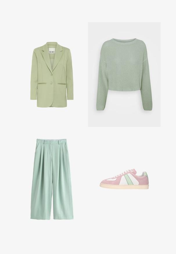Lysegrøn blazer lavet af blødt stof, med reverskrave, to knapper og to forlommer med piping-detaljer.; Lysegrøn strikket sweater med lange ærmer og rund hals, vist på en ensfarvet hvid baggrund.; Lysegrønne bukser med vide ben, plisseringer, sidelommer, bæltestropper og skjult lynlås foran.; Lyserøde ruskinds sneakers med hvide og mintgrønne accenter, med en rund tå, flade snørebånd og en tekstureret gummisål.
