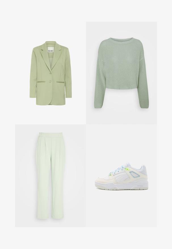 Lysegrøn blazer lavet af blødt stof, med reverskrave, to knapper og to forlommer med piping-detaljer.; Lysegrøn strikket sweater med lange ærmer og rund hals, vist på en ensfarvet hvid baggrund.; VILA VIFEBA PANTS - Bukser - desert sage; Hvide sneakers med lys blå og neon grønne detaljer. Fremstillet af glat læder og mesh, med en polstret krave og struktureret sål.