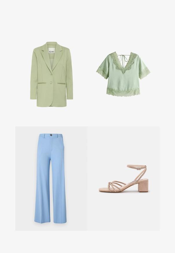 Lichtgroene blazer van zacht materiaal, met een notch-kraag, twee knopen en twee voorzakken met biesdetails.; Lichtgroene blouse met korte mouwen en kanten randjes aan de mouwen, zoom en diepe V-hals, gestrikt met een dunne achterstrik.; Lichtblauwe wijd uitlopende broek gemaakt van een gladde stof, met een knoopsluiting en voorzakken. Schoon, op maat gemaakt ontwerp zonder patronen.; Beige suède sandalen met hakken en vierkante neus, met een knoopriemontwerp en een gesp bij de enkel, op een blokhak.