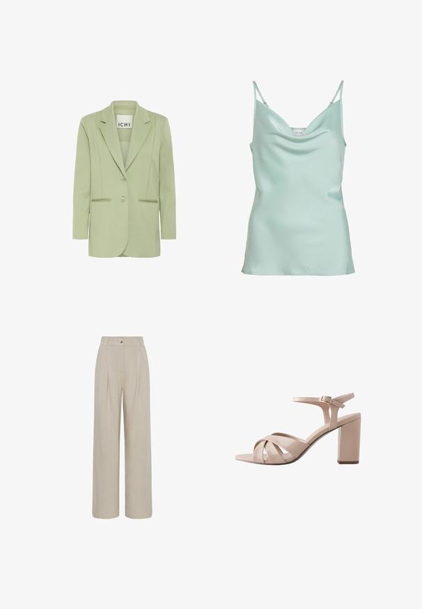 Blazer vert clair en tissu doux, doté d'un col cranté, de deux boutons et de deux poches avant avec des détails en piping.; Caraco en satin vert menthe clair avec fines bretelles réglables et un décolleté subtilement drapé, vue de face.; Pantalon beige taille haute à jambes larges avec plis devant, passants pour ceinture et fermeture bouton à la taille.; Sandale à bout ouvert en cuir verni beige avec des lanières croisées à l'avant, une bride à la cheville avec boucle, et un talon haut épais.