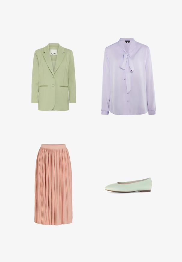 Lysegrøn blazer lavet af blødt stof, med reverskrave, to knapper og to forlommer med piping-detaljer.; Lilla bluse lavet af glat stof, med en bundet halsudskæring, lange ærmer og knaplukning foran. Enkel design uden mønstre eller accenter.; Lyserød midi-længde plisseret nederdel med bred linning, lavet af letvægtsstof, vist mod en hvid baggrund.; Lys mintgrøn læder balletflad med en rund tå, minimalistisk design og flad sål, der har en glat tekstur uden udsmykninger.