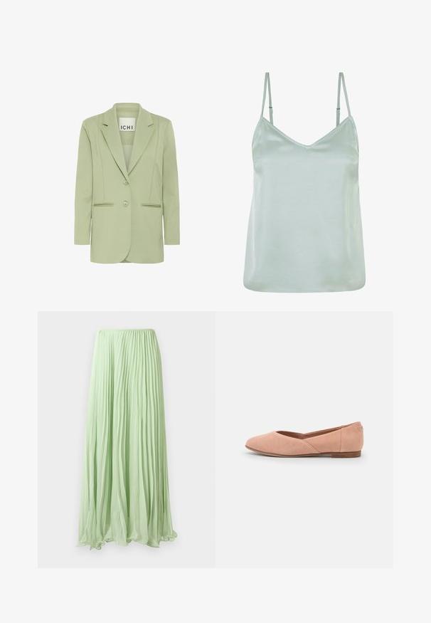 Lichtgroene blazer van zacht materiaal, met een notch-kraag, twee knopen en twee voorzakken met biesdetails.; Lichtgroene satijnen camisole met verstelbare dunne schouderbandjes en een V-halslijn, met een gladde textuur en een ontspannen pasvorm.; Lichtgroene geplooide lange rok van lichte stof met elastische tailleband, weergegeven tegen een witte achtergrond.; Lichtroze suède ballerina met een ronde neus, lage houten hak en een zijdetails. Eenvoudig ontwerp zonder zichtbare hardware.