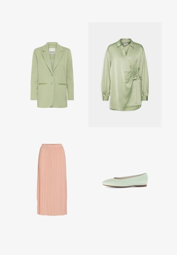 Lysegrøn blazer lavet af blødt stof, med reverskrave, to knapper og to forlommer med piping-detaljer.; 2nd Day DARSHA WAVES - Bluse - sage green; Lyserød plisseret midi-nederdel med elastisk linning, lige silhuet og fine lodrette folder på hvid baggrund.; Lys mintgrøn læder balletflad med en rund tå, minimalistisk design og flad sål, der har en glat tekstur uden udsmykninger.
