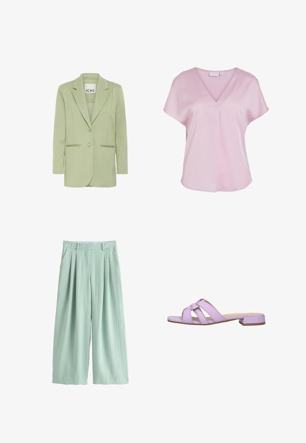 Lichtgroene blazer van zacht materiaal, met een notch-kraag, twee knopen en twee voorzakken met biesdetails.; Lichtroze blouse met korte mouwen, V-hals en losse pasvorm, gemaakt van gladde stof, met een klein plooidetail aan de voorkant.; Lichtgroene broek met wijde pijpen, voorplooien, riemlussen, zijzakken en een verborgen sluiting aan de voorkant.; Manfield Muiltjes - violett