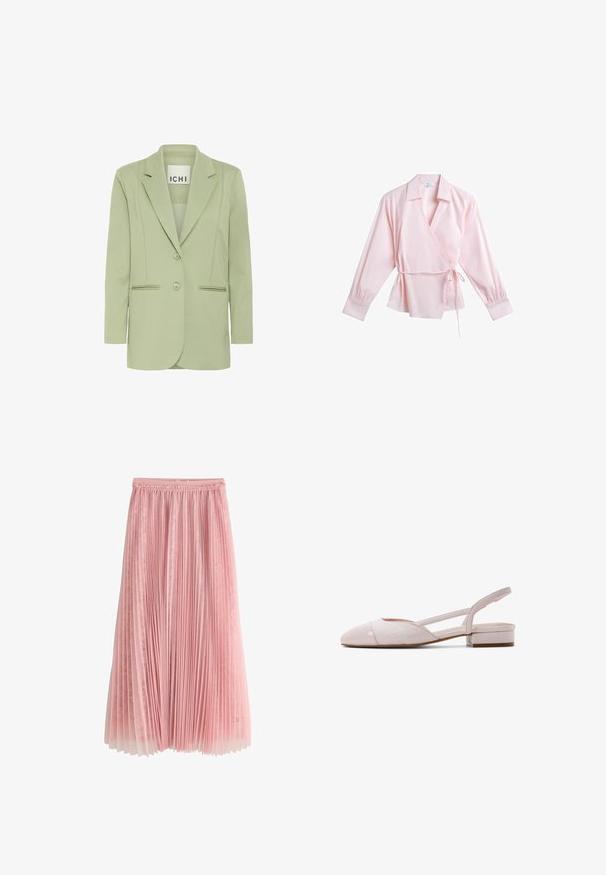 Lichtgroene blazer van zacht materiaal, met een notch-kraag, twee knopen en twee voorzakken met biesdetails.; Lichtroze overslagblouse met lange mouwen, kraag, strik aan de zijkant en getailleerde manchetten op een witte achtergrond.; Roze geplooide midi-rok met een kanten onderlaag en een geplooide tailleband, getoond op een witte achtergrond.; Dames slingback schoen met lage hak in lichtroze met geweven textuur, puntige neus en een kleine blokhak.