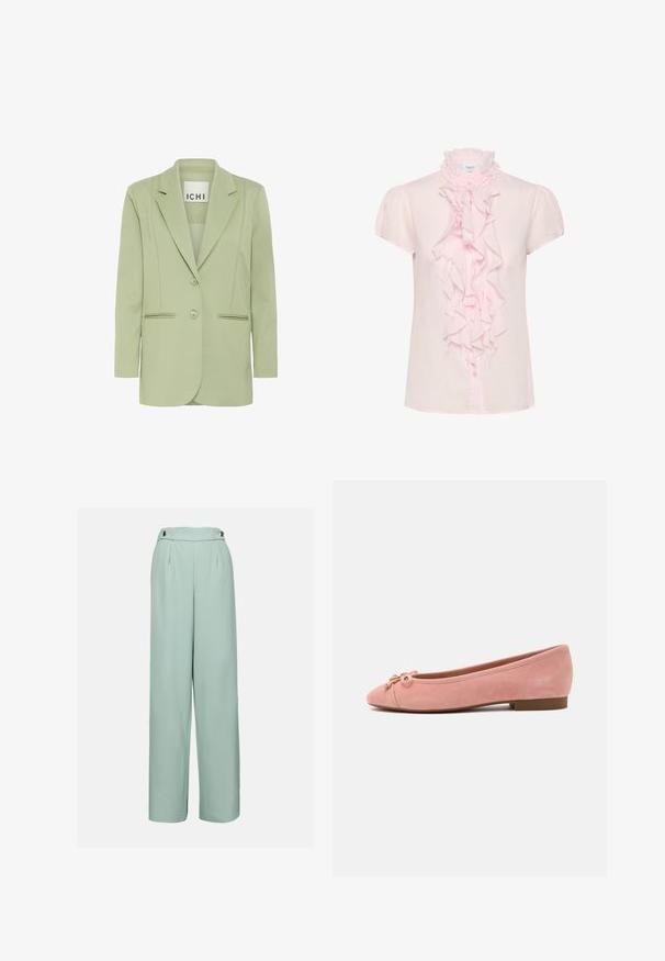 Blazer vert clair en tissu doux, doté d'un col cranté, de deux boutons et de deux poches avant avec des détails en piping.; Blouse rose clair à manches courtes avec un devant à volants, un col monté à volants et une fermeture à boutons. Confectionnée dans un tissu léger et lisse.; Pantalons larges vert clair en tissu lisse, avec une taille haute, des plis et des boutons décoratifs à la taille.; Ballerine plate en daim rose doux avec petit nœud et accent doré sur l'avant arrondi, talon bas et semelle lisse.