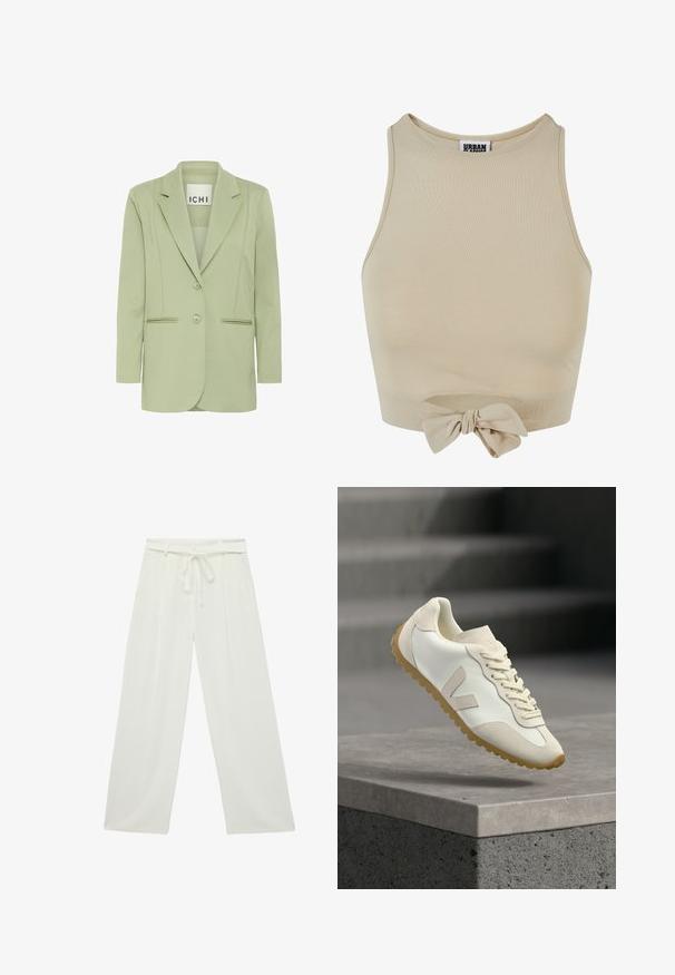 Lysegrøn blazer lavet af blødt stof, med reverskrave, to knapper og to forlommer med piping-detaljer.; Beige kort top lavet af ribbet stof, med en høj halsudskæring og en knude detalje nederst.; Hvide bukser med vide ben, høj talje, frontplisseringer, bæltestropper, sidelommer og bindesnor foran.; Hvid sneaker med beige ruskinddetaljer og gummisål, svævende over en betonforkant med slørede trapper i baggrunden.