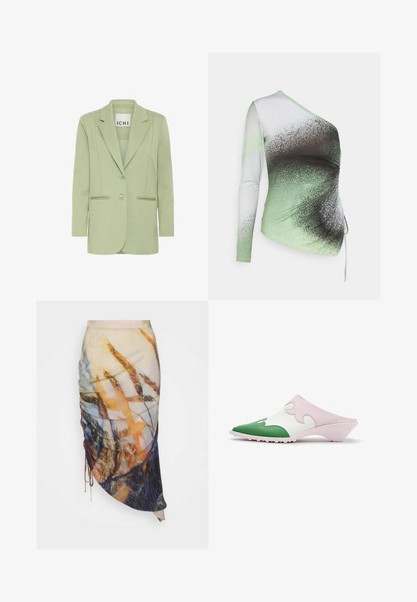 Hellgrüner Blazer aus weichem Stoff, mit Reverskragen, zwei Knöpfen und zwei vorderen Taschen mit Paspelierung.; Elleme ONE SHOULDER - Langarmshirt - light green/white; Materiel DIAGONAL GATHERED SKIRT - Bleistiftrock - golden hour; Slip-On-Muleschuh mit spitzer grüner Spitze, weißem Obermaterial mit pinkem wellenförmigem Overlay und niedrigem schrägem Absatz auf weißem Hintergrund.