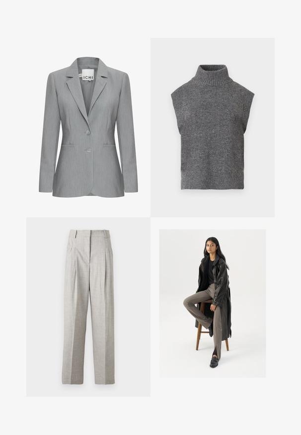 Lys grå blazer med spillet revers, to knapper og sidelommer. Fremstillet i tekstureret stof med en skræddersyet pasform. Mærkeetiket synlig.; Grå ærmeløs strikket turtleneck sweater med ribbet tekstur, tætsiddende silhuet og bred, høj krave. Enkel, alsidig design uden mønstre.; Lys grå bukser med en tekstureret overflade, der har et høj talje-design og to frontfold. Lige snit uden synlige lommer.; Sort læder trench coat med knapper og bælte detalje, parret med lysebrune tætsiddende bukser og sorte loafers, siddende på en træstol.