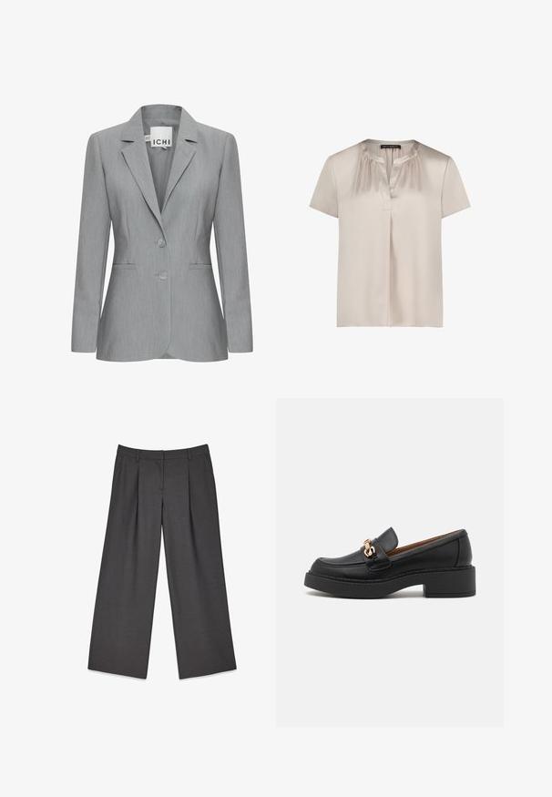 Helle graue Blazer mit Reverskragen, zwei Knöpfen und Seitentaschen. Aus strukturiertem Stoff mit taillierter Passform. Markenlabel sichtbar.; Beige Satinbluse mit kurzen Ärmeln, gerafftem Ausschnitt, V-förmigem Schlitz vorne und weiter Passform, am Kragenetikett mit "Betty Barclay" beschriftet.; Graue weite Hosen aus einem glatten Stoff, mit vorderen Falten, einem Reißverschluss und Gürtelschlaufen für eine anpassbare Passform.; Schwarzer Leder-Slipper mit einer klobigen Plateausohle, verziert mit einer goldfarbenen Kettenakzent und sichtbaren Nahtdetails. Glatte Textur und elegantes Design.