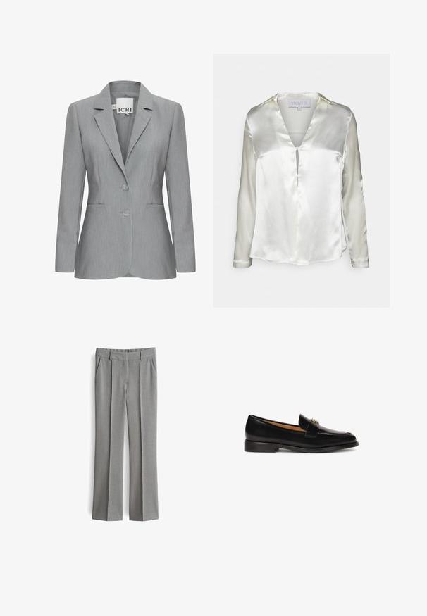 Helle graue Blazer mit Reverskragen, zwei Knöpfen und Seitentaschen. Aus strukturiertem Stoff mit taillierter Passform. Markenlabel sichtbar.; STUDIO ID ALYSSA - Bluse - champagne; Herren maßgeschneiderte graue Anzughosen mit vorderen Falten, Gürtelschlaufen und Seitentaschen, flach auf einem weißen Hintergrund ausgelegt.; Schwarze Lederloafer mit abgerundeter Zehenpartie, schlanker Silhouette und einem dekorativen Riemen mit metallischen Akzenten auf dem Spann. Flache Gummisohle.
