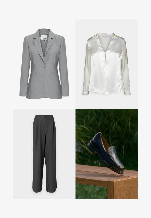 Lys grå blazer med spillet revers, to knapper og sidelommer. Fremstillet i tekstureret stof med en skræddersyet pasform. Mærkeetiket synlig.; STUDIO ID ALYSSA - Bluse - champagne; Mørkegrå, brede bukser med skræddersyet design. Har en glat tekstur, afdeling detaljer og en mellemhøj talje.; Sort læder slip-on festsko, der svæver over en træbænk med grønne blade i baggrunden.
