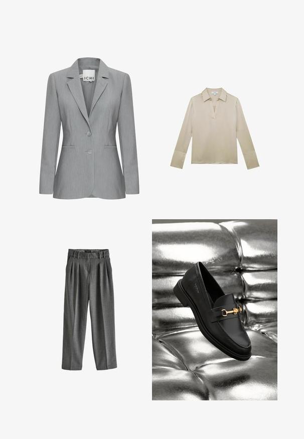 Blazer gris claro con solapa muesca, dos botones y bolsillos laterales. Hecho de una tela texturada con un corte ajustado. Etiqueta de la marca visible.; Blusa beige de manga larga con cuello en V y puños abotonados, mostrada sobre un fondo blanco.; Pantalones grises de pernera ancha confeccionados en una tela texturizada con finas rayas discretas. Presentan un frente plisado y una cintura con trabillas para cinturón.; Mocasín de cuero negro con un detalle de herrajes en tono dorado. El zapato presenta un diseño elegante y una textura suave y brillante.