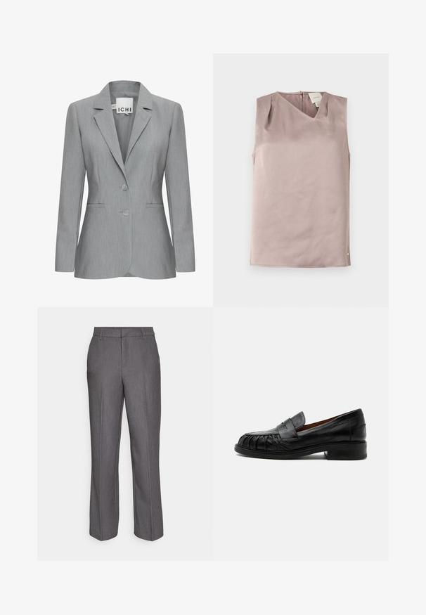 Blazer gris claro con solapa muesca, dos botones y bolsillos laterales. Hecho de una tela texturada con un corte ajustado. Etiqueta de la marca visible.; Blusa sin mangas de color malva claro con escote en V, cierre de botones en la espalda y tejido sutilmente texturizado, doblada y colocada sobre un fondo blanco.; Pantalones grises a medida con un diseño de pierna recta, hechos de una tela suave con sutiles rayas verticales. Incluyen trabillas para cinturón y bolsillos.; Mocasín de cuero negro con tacón bajo, detalles cosidos en la parte delantera y una correa decorativa sobre el empeine.