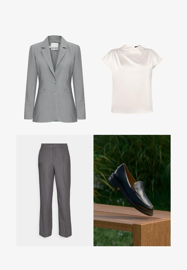 Lichtgrijze blazer met een gelapte revers, twee knopen en zijvakken. Gemaakt van gestructureerde stof met een getailleerde pasvorm. Merklabel zichtbaar.; zero Blouse - eggnog; Grijze, op maat gemaakte broeken met een rechte pijpdesign, gemaakt van een gladde stof met subtiele krijtstrepen. Inclusief riemlussen en zakken.; Zwarte leren instapschoenen die boven een houten bank zweven met groene bladeren op de achtergrond.