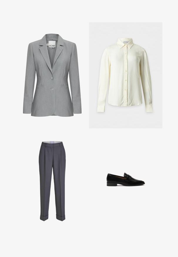 Lichtgrijze blazer met een gelapte revers, twee knopen en zijvakken. Gemaakt van gestructureerde stof met een getailleerde pasvorm. Merklabel zichtbaar.; Crèmekleurige blouse met lange mouwen, puntkraag en knopen aan de voorkant, weergegeven op een effen achtergrond zonder patronen of extra voorwerpen.; Donkergrijze op maat gemaakte broek met een recht gesneden ontwerp, geplooid voorpand en omslagmanchetten. Gemaakt van soepel materiaal, met een klassieke tailleband.; Zwarte leren loafers met een platte hak, voorzien van een rechthoekige band over de vamp en een glad, gepolijst oppervlak.