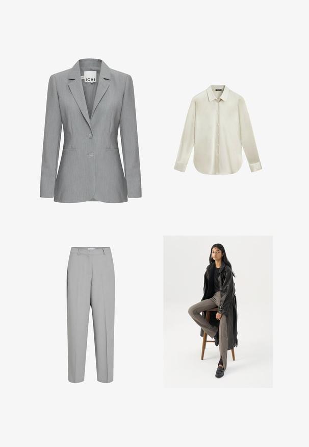 Helle graue Blazer mit Reverskragen, zwei Knöpfen und Seitentaschen. Aus strukturiertem Stoff mit taillierter Passform. Markenlabel sichtbar.; Langärmliges cremefarbenes Hemd mit Knopfleiste, spitzem Kragen und abgerundetem Saum, auf weißem Hintergrund dargestellt.; Helle graue, maßgeschneiderte Hose mit flacher Vorderseite, breitem Bund, Falten und geradem Bein. Glatte Stofftextur.; Schwarzer Leder-Trenchcoat mit Knöpfen und Gürtel-Detail, kombiniert mit hellbraunen, taillierten Hosen und schwarzen Slippern, sitzt auf einem Holzschemel.