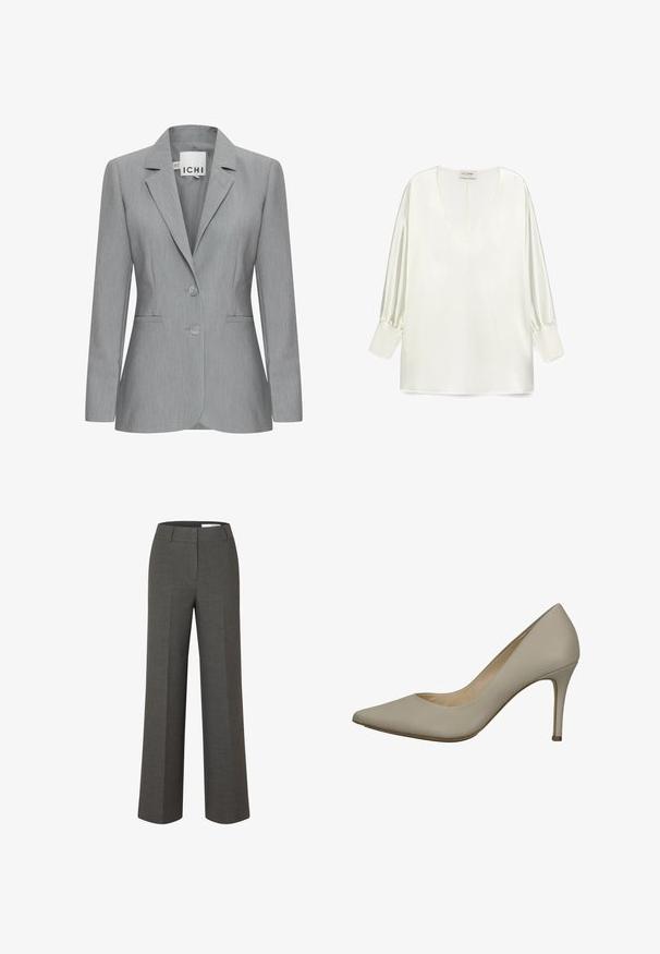 Lys grå blazer med spillet revers, to knapper og sidelommer. Fremstillet i tekstureret stof med en skræddersyet pasform. Mærkeetiket synlig.; Hvid satinbluse med en dyb V-hals, lange pufærmer og en lige kant. Stoffet har en glat, blank overflade.; Mørkegrå skræddersyede bukser med vide ben, frontbirl og taljebånd med bæltestropper på hvid baggrund.; Beige læder højhælede pumper med spidse tæer og slank stiletto-hæl, der har en glat tekstur og et minimalistisk design.