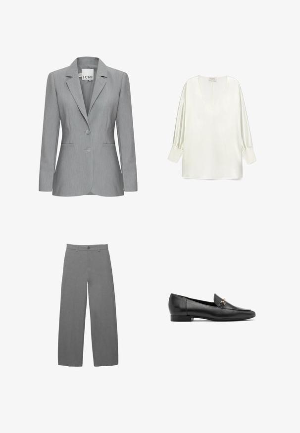 Helle graue Blazer mit Reverskragen, zwei Knöpfen und Seitentaschen. Aus strukturiertem Stoff mit taillierter Passform. Markenlabel sichtbar.; Weiße Satinbluse mit einem tiefen V-Ausschnitt, langen Puffärmeln und geradem Saum. Der Stoff hat eine glatte, glänzende Textur.; Hellgraue Hosen mit weitem Bein aus einem glatten, strukturierten Stoff, mit einer vorderen Knopfverschlussleiste und Gürtelschlaufen an der Taille.; Schwarze Lederloafers mit flachem Absatz, spitzer Toe und einem kleinen goldenen Hardwareakzent vorne. Glatte Textur und minimales Design.