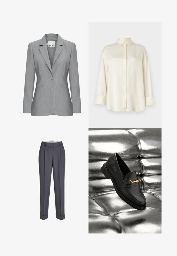 Lichtgrijze blazer met een gelapte revers, twee knopen en zijvakken. Gemaakt van gestructureerde stof met een getailleerde pasvorm. Merklabel zichtbaar.; Crème-kleurig langemouwen shirt met knoopsluiting aan de voorkant, spitse kraag en manchetten van een gladde stof.; Donkergrijze op maat gemaakte broek met een recht gesneden ontwerp, geplooid voorpand en omslagmanchetten. Gemaakt van soepel materiaal, met een klassieke tailleband.; Zwarte leren instapper met een goudkleurig hardware-detail. De schoen heeft een strak ontwerp en een gladde, glanzende textuur.