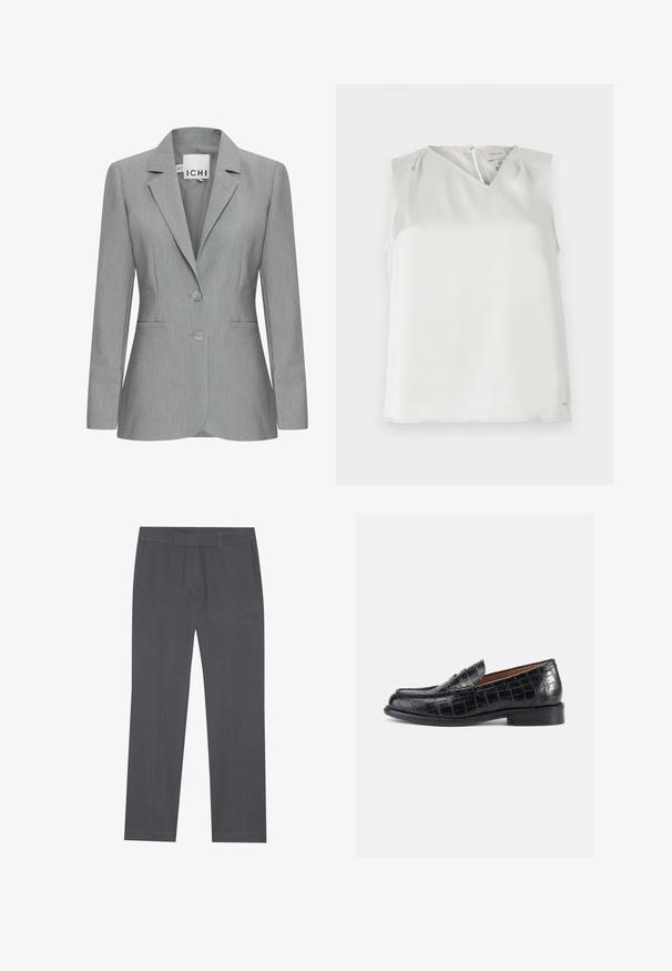 Lichtgrijze blazer met een gelapte revers, twee knopen en zijvakken. Gemaakt van gestructureerde stof met een getailleerde pasvorm. Merklabel zichtbaar.; Mouwloze witte blouse met V-hals, subtiele plooien bij de schouders en ritssluiting aan de achterkant, getoond tegen een effen achtergrond.; Grijze dress pants van een soepele stof, met een recht model, voorzakken en een tailleband met riemlussen.; Zwarte loafers van leer met krokodillenprint, voorzien van een afgeronde neus, instapmodel en een lage, stevige hak. Soepele textuur en subtiele glans.
