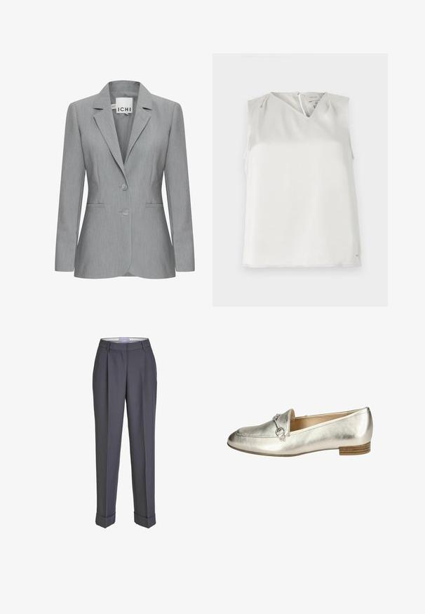 Blazer gris claro con solapa muesca, dos botones y bolsillos laterales. Hecho de una tela texturada con un corte ajustado. Etiqueta de la marca visible.; Blusa blanca sin mangas con escote en V, pliegues sutiles en los hombros y cierre de cremallera en la espalda, mostrada sobre un fondo liso.; Pantalones de traje gris oscuro con un diseño de pierna recta, frente plisado y puños doblados. Fabricados con una tela suave, presentan una cinturilla clásica.; Mocasines metálicos en plata con una textura suave, que presentan un acento decorativo de hardware y un bajo tacón de madera. Diseño clásico.