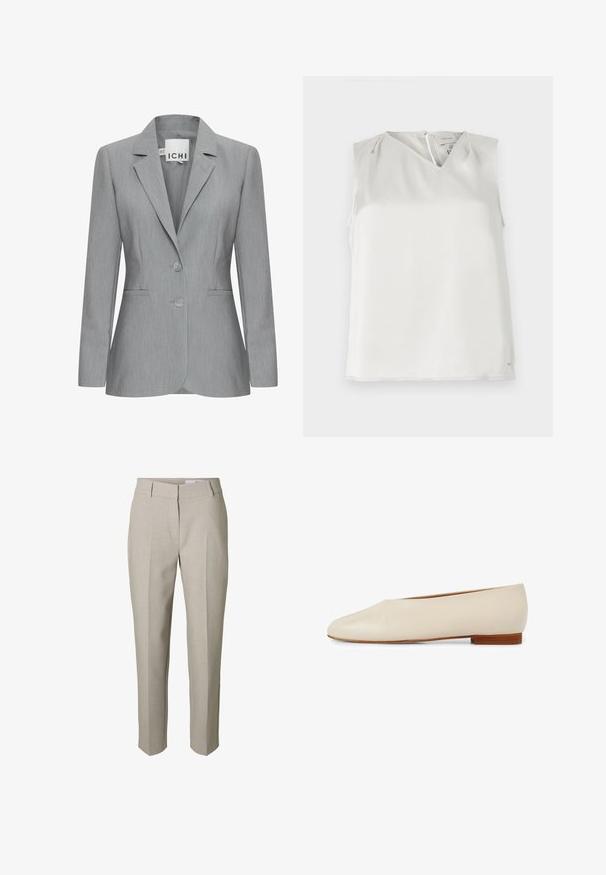 Blazer gris claro con solapa muesca, dos botones y bolsillos laterales. Hecho de una tela texturada con un corte ajustado. Etiqueta de la marca visible.; Blusa blanca sin mangas con escote en V, pliegues sutiles en los hombros y cierre de cremallera en la espalda, mostrada sobre un fondo liso.; Pantalones beige hechos a medida con trabillas para el cinturón, cierre delantero con cremallera y pliegues prensados en las piernas, mostrados sobre un fondo blanco.; Zapato plano de cuero beige con diseño de punta afilada, forma minimalista y un tacón de madera corto para estabilidad y comodidad.