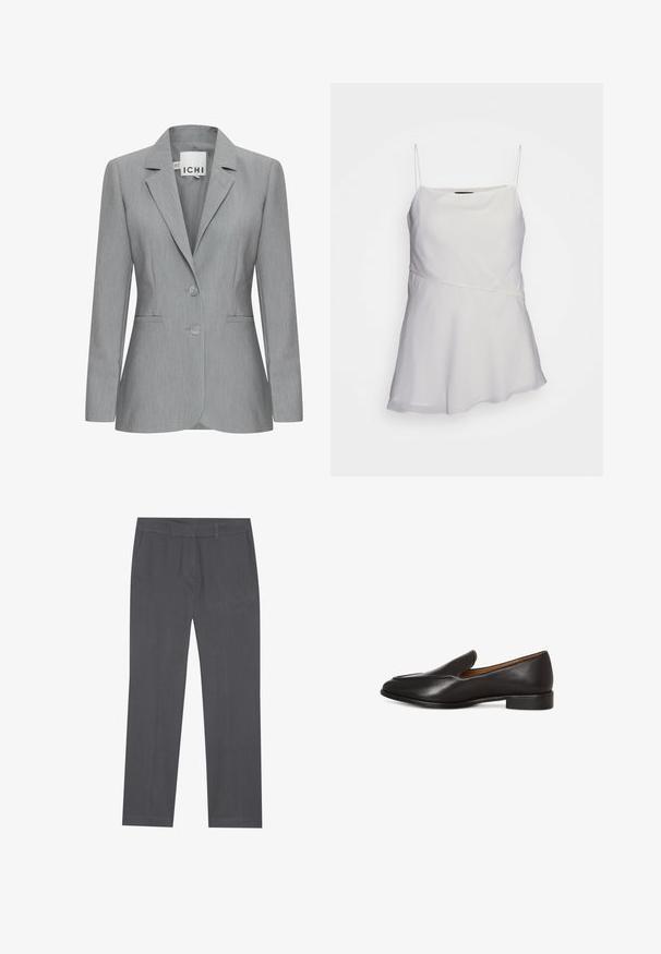 Lichtgrijze blazer met een gelapte revers, twee knopen en zijvakken. Gemaakt van gestructureerde stof met een getailleerde pasvorm. Merklabel zichtbaar.; Witte, mouwloze top met dunne banden, een relaxte pasvorm en een asymmetrisch ontwerp. Gemaakt van een zachte, lichte stof.; Grijze dress pants van een soepele stof, met een recht model, voorzakken en een tailleband met riemlussen.; Zwarte leren instapschoen met een ronde neus, voorzien van een lage blokhak en een gestructureerde bovenkant. Eenvoudig ontwerp zonder zichtbare accenten.