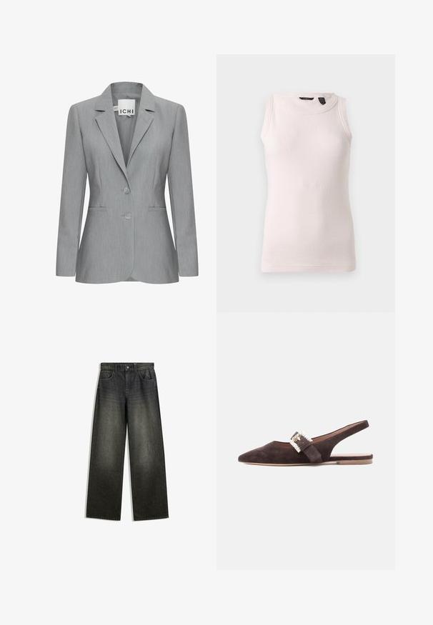 Helle graue Blazer mit Reverskragen, zwei Knöpfen und Seitentaschen. Aus strukturiertem Stoff mit taillierter Passform. Markenlabel sichtbar.; Ärmelloses weißes geripptes Top mit rundem Ausschnitt und figurbetonter Passform, dargestellt vor einem schlichten hellgrauen Hintergrund.; Weite Jeans aus dunkelgrauem Denim mit einem verblassten Finish, Fünf-Taschen-Design und einem Knopfverschluss am Bund.; Wildleder-Brauner Slingback-Schuh mit spitz zulaufender Kappe, flacher Sohle und dekorativer Schnalle, die mit Kristallen verziert ist. Minimalistisches Design und weiche Textur.
