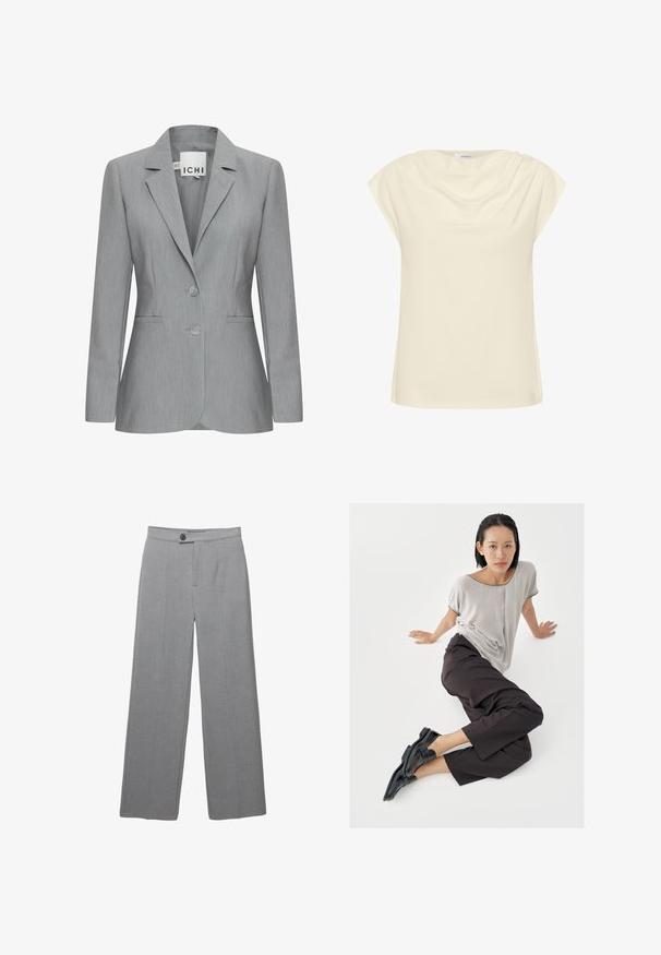 Lys grå blazer med spillet revers, to knapper og sidelommer. Fremstillet i tekstureret stof med en skræddersyet pasform. Mærkeetiket synlig.; Cremefarvet top med løs pasform, korte oprullede ærmer og draperet halsudskæring. Blød, glat stof med en subtil glans.; Grå skræddersyede bukser med bred ben, flad front og subtil tekstur. Har en enkelt knaplukning og rene linjer.; Lysegrå top med korte ærmer, mørke bukser med vide ben og sorte loafers. Glat stof, afslappet pasform og kontrastfarvet kant på skjorten.
