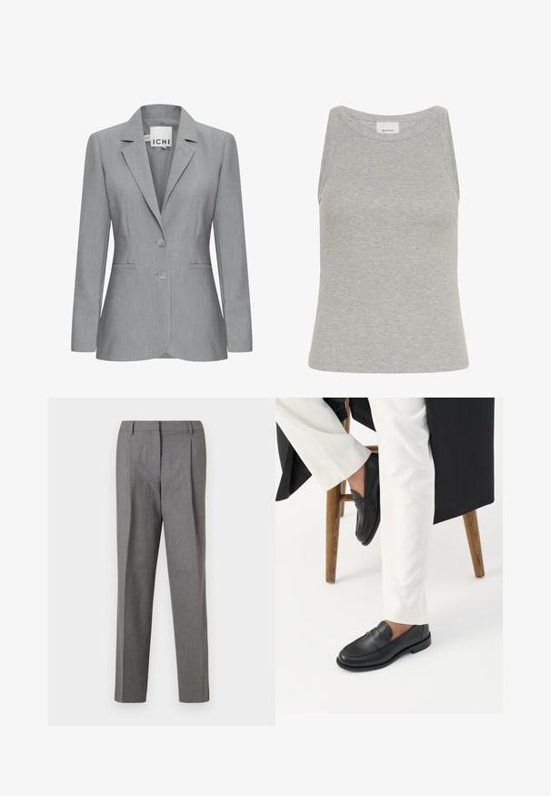 Blazer gris claro con solapa muesca, dos botones y bolsillos laterales. Hecho de una tela texturada con un corte ajustado. Etiqueta de la marca visible.; Camiseta sin mangas gris con cuello redondo y diseño sin mangas. Fabricada con tela suave, presenta una silueta ajustada y costuras mínimas.; Pantalones gris ajustados con una tela texturizada, que presentan un diseño de pierna recta, pliegues en la parte delantera y una cinturilla sin herrajes visibles.; Persona con mocasines de cuero negro y pantalones blancos sentada en un taburete de madera contra un fondo blanco.