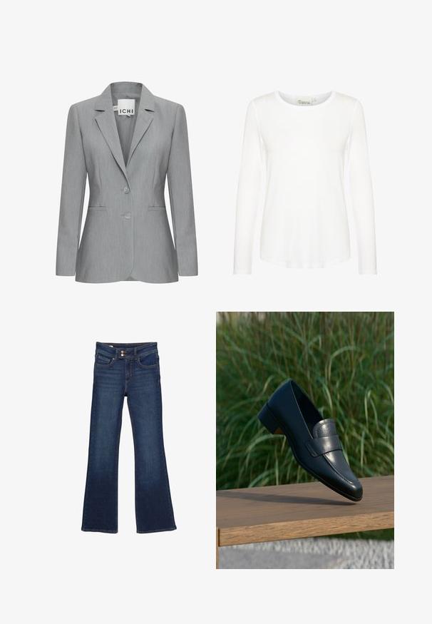 Lys grå blazer med spillet revers, to knapper og sidelommer. Fremstillet i tekstureret stof med en skræddersyet pasform. Mærkeetiket synlig.; Hvid langærmet top med en rund halsudskæring. Fremstillet af glat stof med en tætsiddende form. Etiketten er synlig ved halsen. Ingen mønstre eller detaljer.; Mørkeblå denimjeans med vidde i benene, dobbel-knap lukning og forlommer, vist mod en hvid baggrund.; Sort læderloafer med lav hæl, der balancerer på kanten af en træbænk udendørs med højt grønt græs i baggrunden.