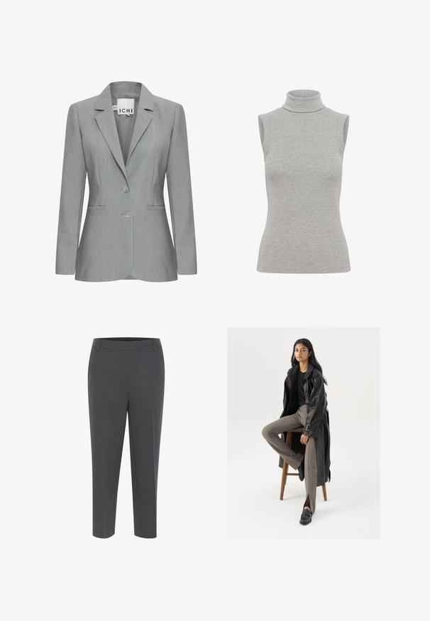 Lys grå blazer med spillet revers, to knapper og sidelommer. Fremstillet i tekstureret stof med en skræddersyet pasform. Mærkeetiket synlig.; Ærmeløs rullekrave top i lys grå ribbet stof. Har en figursyet silhuet og højt halsdesign. Glat tekstur med minimal detaljering.; Grå, skræddersyede bukser med lige ben, der har flad front og sidelommer, lavet af et glat stof.; Sort læder trench coat med knapper og bælte detalje, parret med lysebrune tætsiddende bukser og sorte loafers, siddende på en træstol.