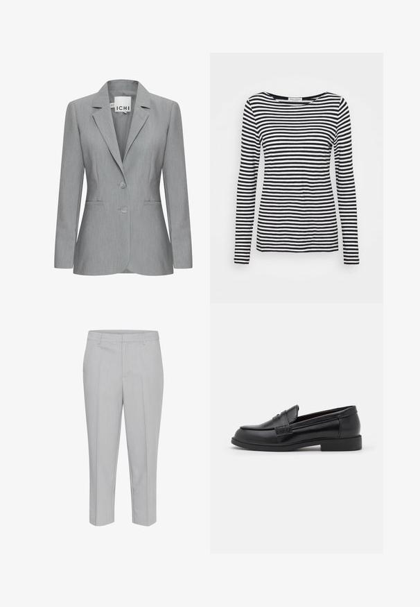 Lys grå blazer med spillet revers, to knapper og sidelommer. Fremstillet i tekstureret stof med en skræddersyet pasform. Mærkeetiket synlig.; Langærmet T-shirt med rund hals, prydet med et sort-hvidt stribet mønster. Fremstillet af blødt stof med regular fit. Renset, minimalistisk design.; Lys grå cropped bukser med en glat tekstur, plisseret front og standard talje design. Ingen synlige lommer eller metaldele.; Sorte læder loafers med en glat overflade, rund tå, syet detalje på overdelen og en lav, flad gummisål.