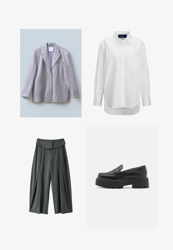 Blazer gris clair en tissu texturé avec un col cranté, une poche poitrine unique et deux poches avant, conçu avec une coupe décontractée.; Chemise blanche à manches longues en coton doux avec un col boutonné, une poche à l'avant et un ourlet arrondi. Présente un empiècement au dos pour plus de structure.; Pantalon taille haute à jambes larges en gris foncé avec plis devant et large ceinture repliée, présenté sur fond blanc.; Mocassins en cuir noir avec une semelle en caoutchouc épaisse et basse, des détails cousus sur le dessus et une texture lisse.