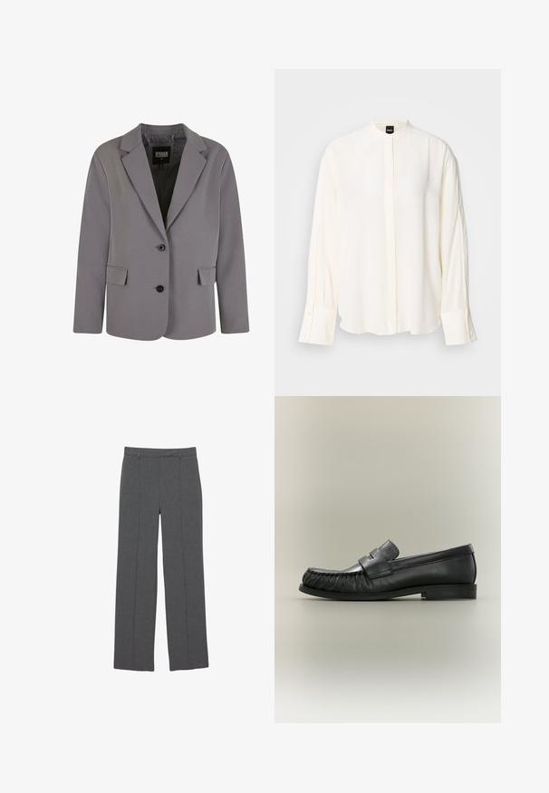 Blazer gris en tissu lisse avec un col en pointe, deux boutons et des poches latérales, doté d'une coupe ajustée et de détails de couture minimalistes.; Blouse à manches longues crème en tissu lisse ; col mao, patte de boutonnage à l'avant, poignets boutonnés et coupe décontractée.; Pantalons gris en tissu texturé, présentant une coupe droite avec des plis à l'avant. Pas de détails de taille ou de quincaillerie visibles.; Mocassin penny en cuir noir avec détail plissé au bout et talon bas empilé, vu de côté sur un fond neutre.