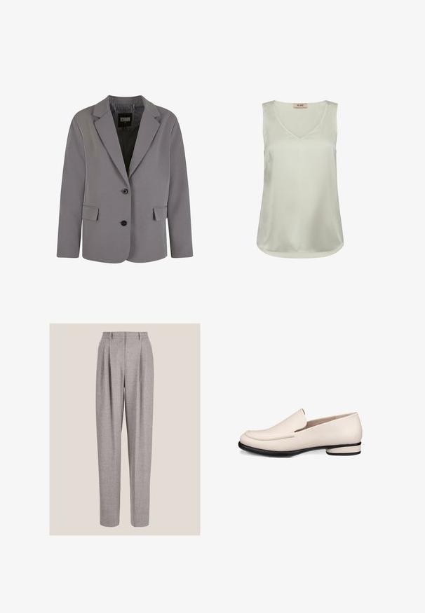 Blazer gris en tissu lisse avec un col en pointe, deux boutons et des poches latérales, doté d'une coupe ajustée et de détails de couture minimalistes.; Blouse sans manches en satin beige clair avec encolure en V et ourlet arrondi, comportant une petite étiquette à l'arrière du col intérieur.; Pantalon gris sur mesure taille haute avec plis devant et jambes droites, présenté sur un fond neutre.; Mocassins en cuir beige avec un bout arrondi, des coutures minimales et un petit talon noir. Texture lisse avec une finition polie.