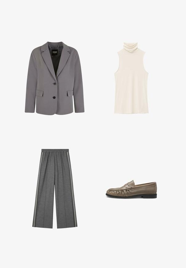 Blazer gris en tissu lisse avec un col en pointe, deux boutons et des poches latérales, doté d'une coupe ajustée et de détails de couture minimalistes.; Haut sans manches de couleur crème avec un col bénitier drapé et haut. Fabriqué en tissu doux et lisse avec une texture légère et extensible, sans ornements.; Pantalon gris à jambes larges avec une taille élastique confortable, présentant des bandes blanches contrastantes sur les côtés et un tissu doux et texturé.; Mocassin en cuir marron avec détails froncés sur le bout, bride penny et semelle noire à petit talon, vu de côté.