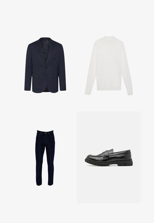 Dunkelblaues Blazer mit strukturiertem Fischgrätmuster, schlanker Schnitt, zwei Fronttaschen, einknopfverschluss und geknöpfter Revers.; Weißer Pullover mit einem hohen Kragen, langen Ärmeln und gerippten Bündchen sowie Saum. Aus einem weichen Strickstoff gefertigt. Einfaches und tailliertes Design.; Dunkelblaue Denim-Jeans mit geradem Schnitt. Verfügt über fünf Taschen, kontrastierende Nähte und einen normalen Bund mit Knopfverschluss.; Schwarze Lederloafer mit einem breiten Riemen über dem Rist, Gummisohle mit dicken Profilen und glatter Textur. Klassisches, schlankes Design.