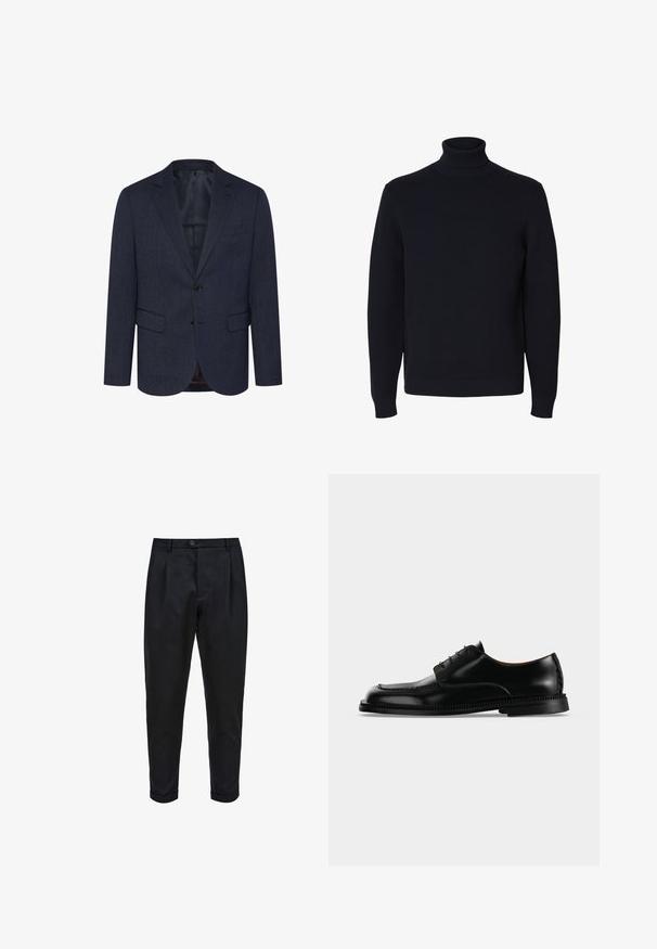 Dunkelblaues Blazer mit strukturiertem Fischgrätmuster, schlanker Schnitt, zwei Fronttaschen, einknopfverschluss und geknöpfter Revers.; Schwarzer langärmeliger gestrickter Rollkragenpullover mit gerippten Bündchen und Saum, auf weißem Hintergrund dargestellt.; Schwarze Hose aus einem glatten Stoff, mit einem gefalteten Vorderteil, schmalem Schnitt und umgeschlagenen Säumen. Einfache Knopfverschluss an der Taille.; Schwarzer glänzender Lederschnürschuh mit dicker detaillierter Sohle, von der rechten Seite vor einfachem hellem Hintergrund dargestellt.