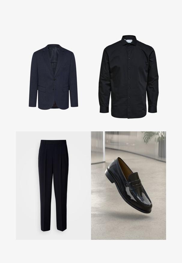 Dunkelblaues Blazer mit strukturiertem Fischgrätmuster, schlanker Schnitt, zwei Fronttaschen, einknopfverschluss und geknöpfter Revers.; Herren Langarm schwarzes Hemd mit Knopfleiste vorne und klassischem Kragen, aus glattem Stoff.; Marineblaue Hose mit plissiertem Vorderteil, tailliertem Schnitt und glatter Stoffstruktur, ausgestattet mit Gürtelschlaufen und geradem Bein.; Schwarze Lacklederloafers mit einer gestickten Akzentuierung, runder Zehenpartie, niedrigem Absatz und glatter Oberfläche, vor einem neutralen Hintergrund präsentiert.