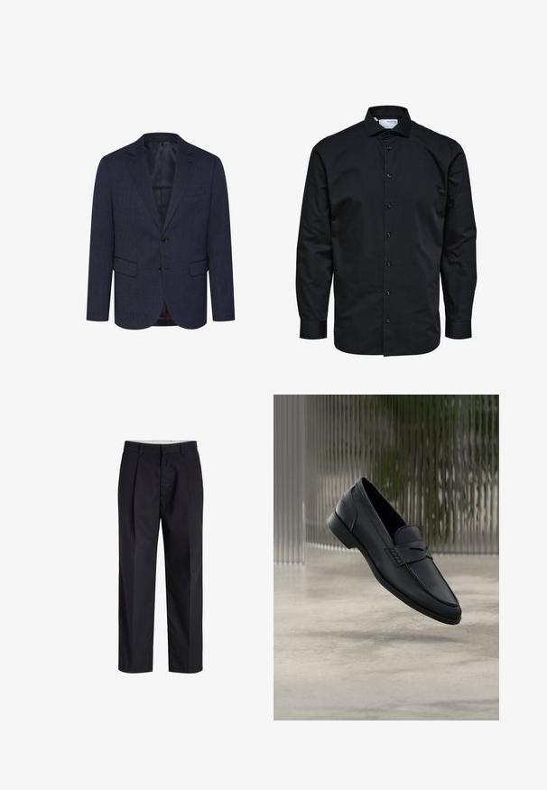 Dunkelblaues Blazer mit strukturiertem Fischgrätmuster, schlanker Schnitt, zwei Fronttaschen, einknopfverschluss und geknöpfter Revers.; Herren Langarm schwarzes Hemd mit Knopfleiste vorne und klassischem Kragen, aus glattem Stoff.; Schwarze gerade geschnittene Hose mit Bund, Gürtelschlaufen, Frontreißverschluss und Seitentaschen auf weißem Hintergrund.; Schwarzer Lederloafer mit glatter Oberfläche, spitzer Zehenpartie und gestickten Details über dem Spann. Niedriger Absatz und minimalistisches Design.
