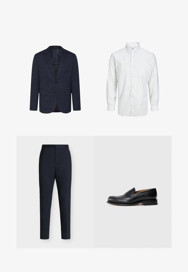 Dunkelblaues Blazer mit strukturiertem Fischgrätmuster, schlanker Schnitt, zwei Fronttaschen, einknopfverschluss und geknöpfter Revers.; Weißes langärmliges Hemd mit Knopfleiste, spitzem Kragen und geknöpften Manschetten, auf weißem Hintergrund dargestellt.; Marineblaue, schlank geschnittene formelle Hose mit Gürtelschlaufen und verdecktem Frontverschluss, flach auf einem einfarbigen hellen Hintergrund liegend dargestellt.; Schwarze Lederloafer mit glatter Oberfläche, abgerundetem Zehenbereich und kleiner Vorderklappe. Verfügt über einen niedrigen, einfarbigen schwarzen Absatz und minimale Designakzente.