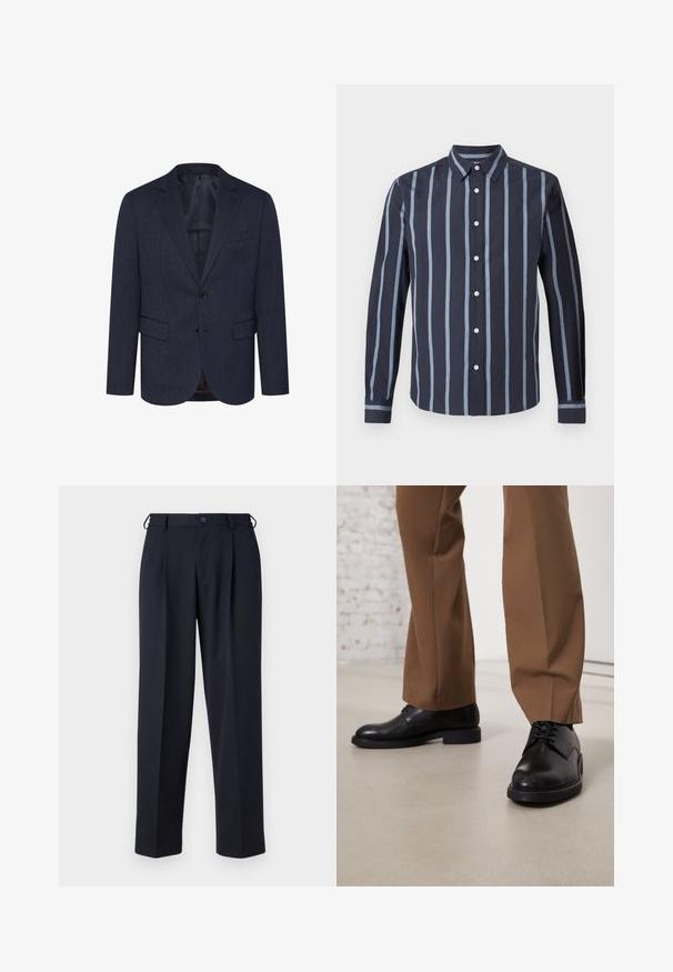 Dunkelblaues Blazer mit strukturiertem Fischgrätmuster, schlanker Schnitt, zwei Fronttaschen, einknopfverschluss und geknöpfter Revers.; Marineblaues Hemd mit vertikalen hellblauen Streifen, langen Ärmeln und klassischem Kragen. Verfügt über weiße Knöpfe und eine glatte Textur.; Marineblaue, maßgeschneiderte Hose mit Knopf- und Reißverschluss vorne, Gürtelschlaufen und Seitentaschen, gezeigt auf weißem Hintergrund.; Schwarze Lederschuhe mit glatter Oberfläche und runder Zehenpartie, mit Schnürverschluss und einer flachen, niedrigen Sohle. Kombiniert mit braunen Hosen.